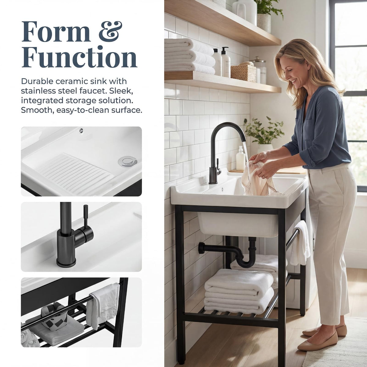 Freestanding Laundry Utility Sink, 28.3" x 19" x 32.3" Ceramic Utility Sink with Washboard Set with Bracket and Drain Kit for Laundry Room, Utility Room, Garage, Basement, Outdoor and Indoor