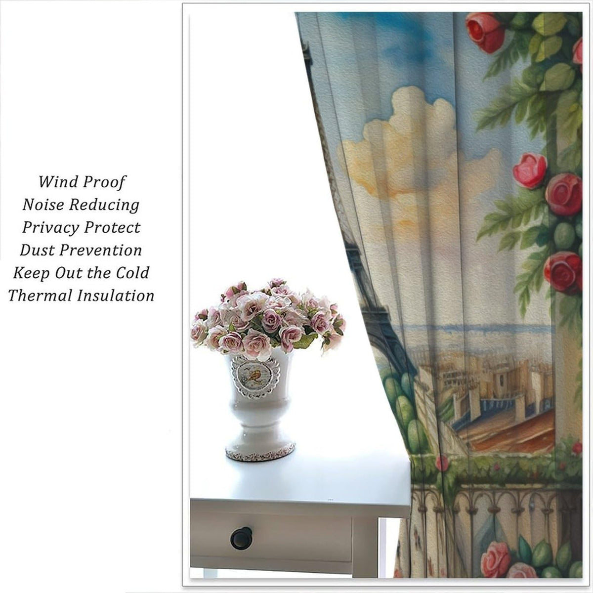 Wallira Paris Eiffel Tower Scene Curtains,Cityscape Rural Oil Painting Landscape Rose Decor Rod Pocket Window Treatments for Girl Women Aldult Bedroom Living Office Restaurant Drapes 41" W X 45" L