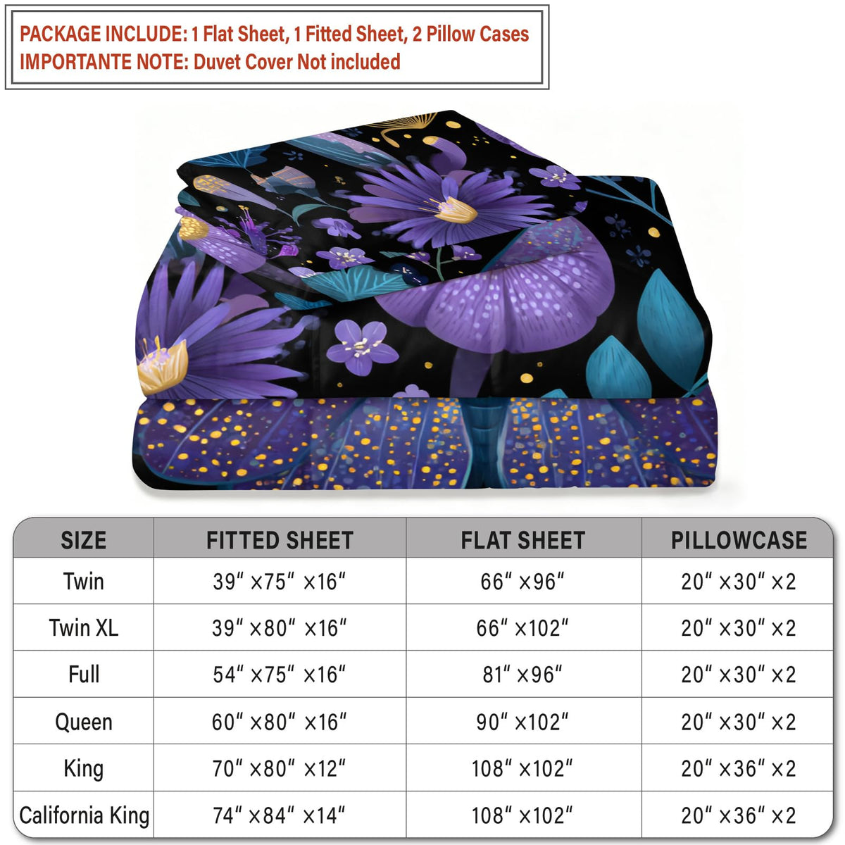 Purple Night Moth Sheet Set King for Women Girls Room, Kids Glowing Mushroom Enchanted Forest Bed Sheets Sets Exotic Floral Bedding Sheets Set Room Decor 4Pcs(Fitted & Flat Sheet+2 Pillowcases)