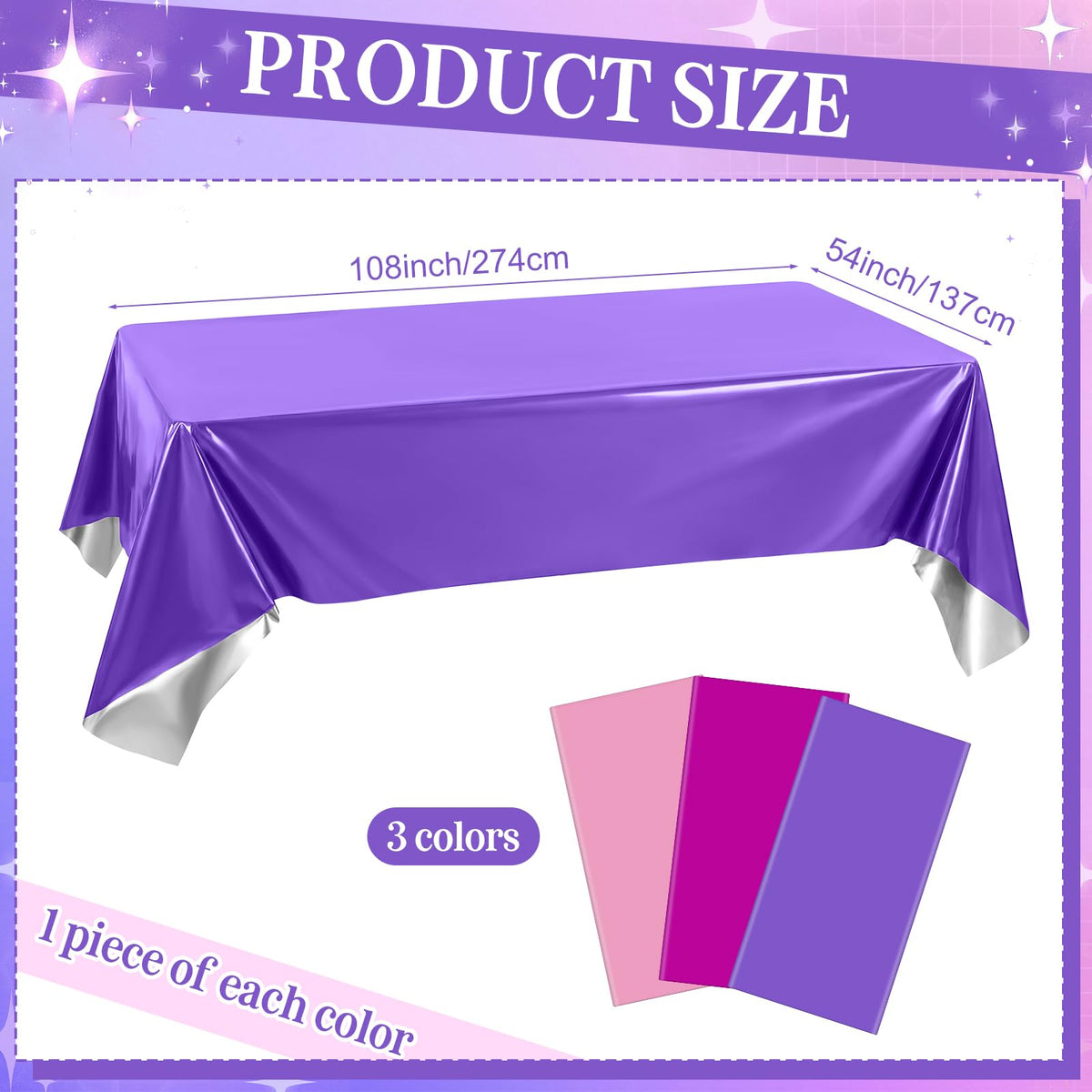Tiamon 3 Pack K Pop Style Tablecloth 108 x 54 Inch Plastic Disposable Iridescent Korean Tablecloth Purple Pink Kpop-Style Table Cover for Girls Birthday Decorations 80s 90s Music Party Supplies