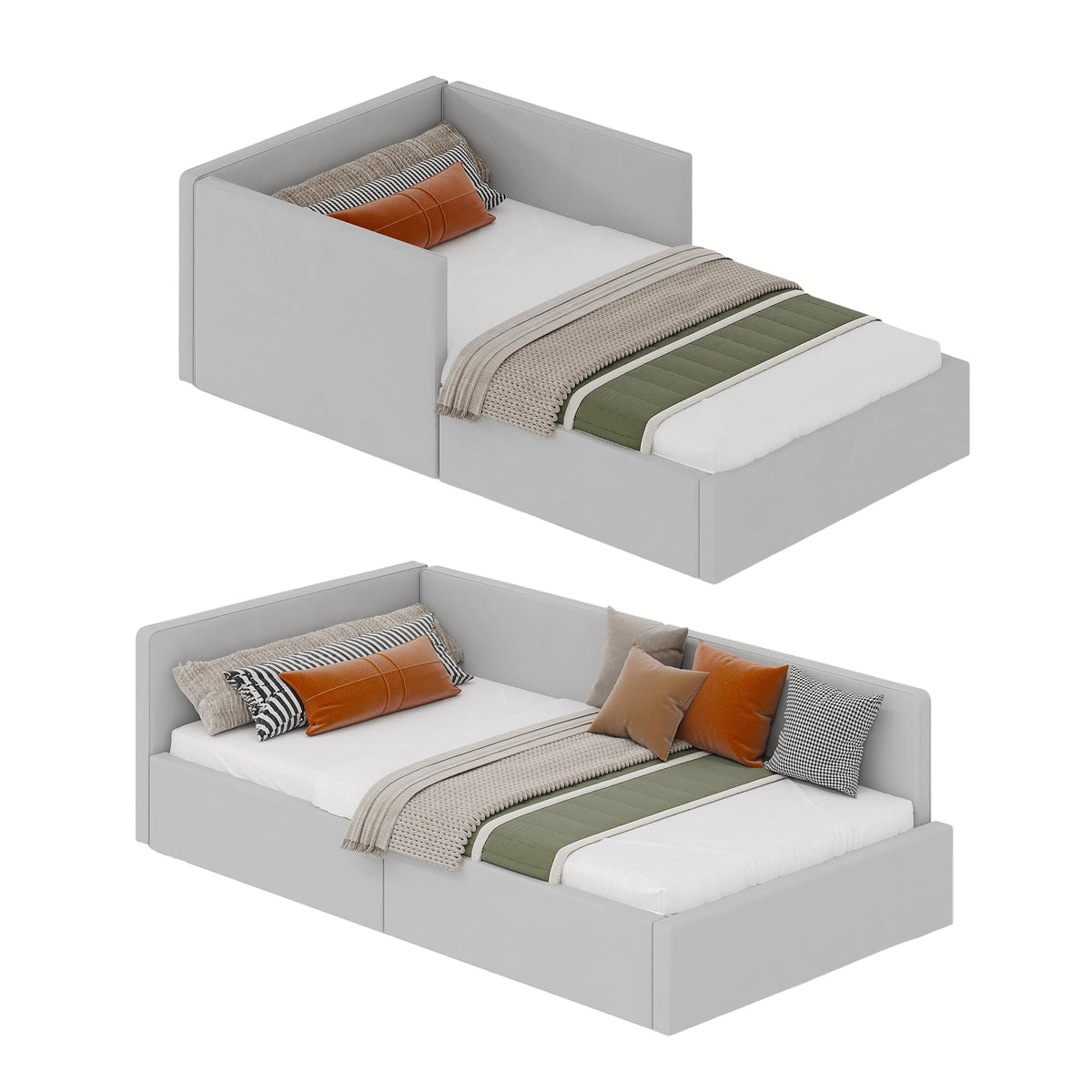 GarveeHome Twin Daybed with Bed Rails, Velvet Upholstered Corner Bed Frame with Headboard, Modern Kids Bed with Guardrail for Living Room, Bedroom, Easy Assembly, Light Grey