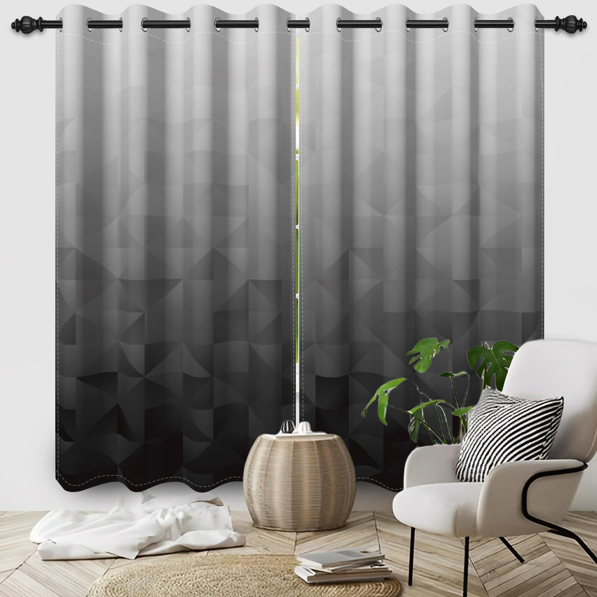 Xiazhilaio Gray Ombre Blackout Curtains 52 x 84 Inch, 2 Panels Gradient Geometric Print Drapes with Grommet Top, Modern Minimalist & Urban Style Window Treatment for Bedroom Living Room