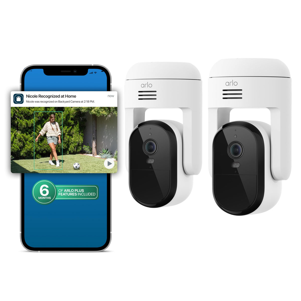 Arlo Essential Pan Tilt Security Camera 2K + 6 Months of Secure Plus Plan - Wired Plug-in Power Outdoor Camera, Person Recognition, Package Detection, Animated Preview, Auto Motion Tracking, 2 Cam