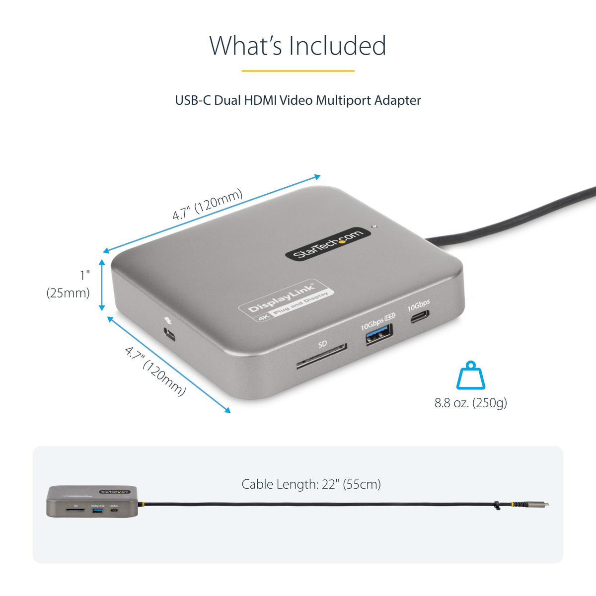 StarTech.com 7-in-1 USB C DisplayLink Dual Monitor Docking Station, 4K 60Hz HDMI Dock for MacBook M1 M2 M3 M4 & Windows, USB 10Gbps Hub, Gigabit Ethernet, SD, 100W PD, 22in (56cm) Cable