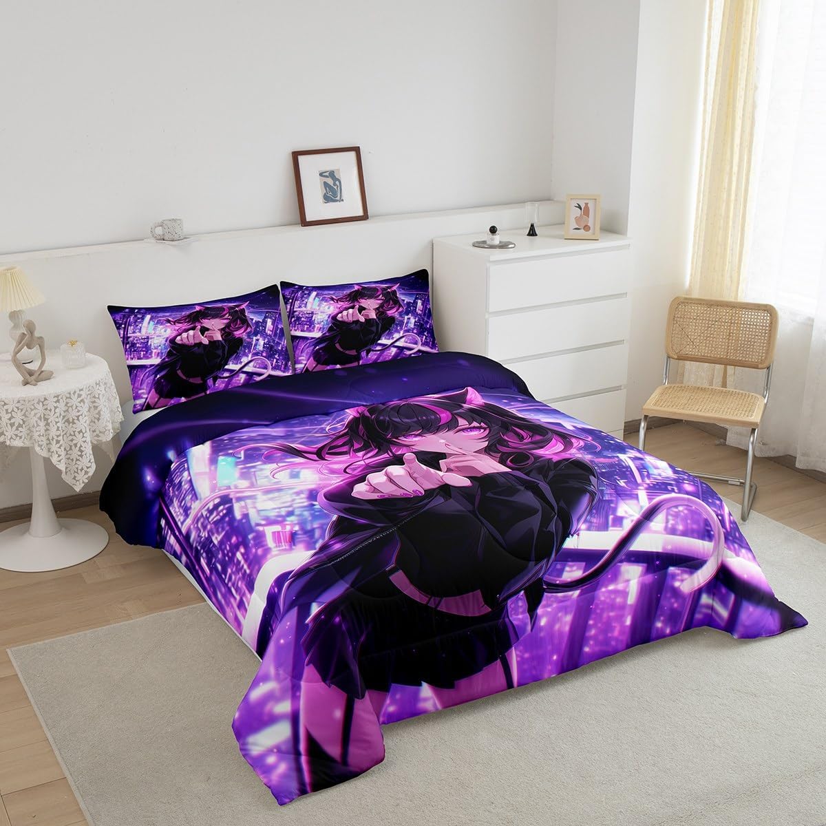Erosebridal Kids Anime Girl Twin Size Bedding Set, Japanese Anime Comforter Set, Cartoon Girl Duvet Insert for Boys Teens Bedroom Decor, Kawaii Japanese Animation Quilt with 1 Pillow Case