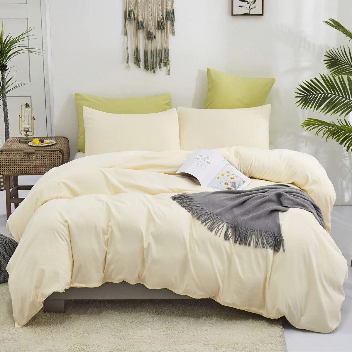 KAREVER Light Yellow Comforter Set Full Ivory Bedding Set Men Breathable Beige Bedding Set Women Soft Off White Ivory Bedding Comforter Set Full Size Comforter