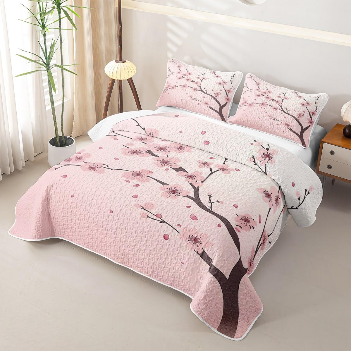 Erosebridal Girl Cherry Blossoms Quilt Queen Japanese Style Quilt SetPink Flowers Quilted Bedspread Branches Plant Floral Bedding Coverlet with 2 Pillowcases