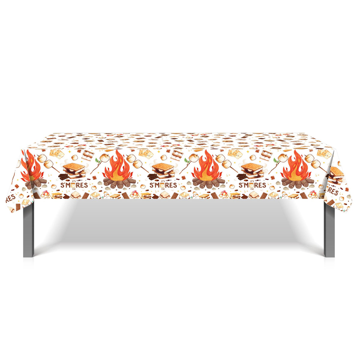 CC HOME 1Pc Camping Party Plastic Tablecloth 54 x 87 Inch Long Table Cover, Marshmallow Sandwich Party Tablecover for Bonfire Camp Theme Kids Baby Shower Birthday Dinner Picnic Kitchen Event