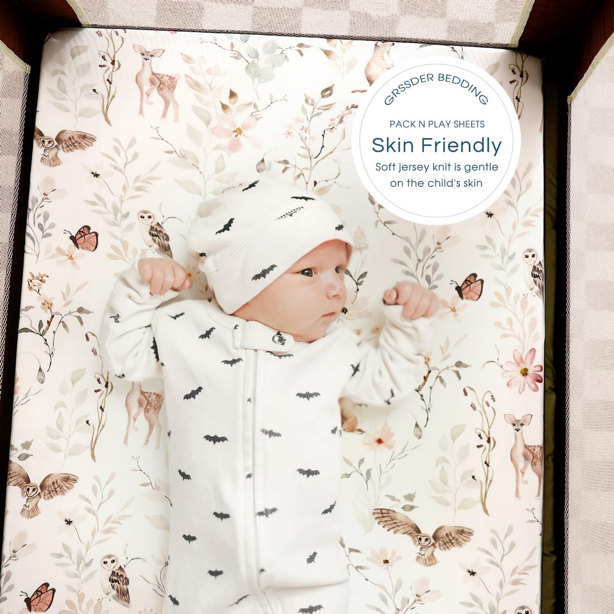 Stretchy Ultra Soft Jersey Knit Fitted Pack n Play Sheets 3 Pack, Portable/Mini Crib Sheets for Girls, Universal Fit for Pack N Plays Safe and Snug, Beautiful Blush Pink Floral and Cute Animals Print