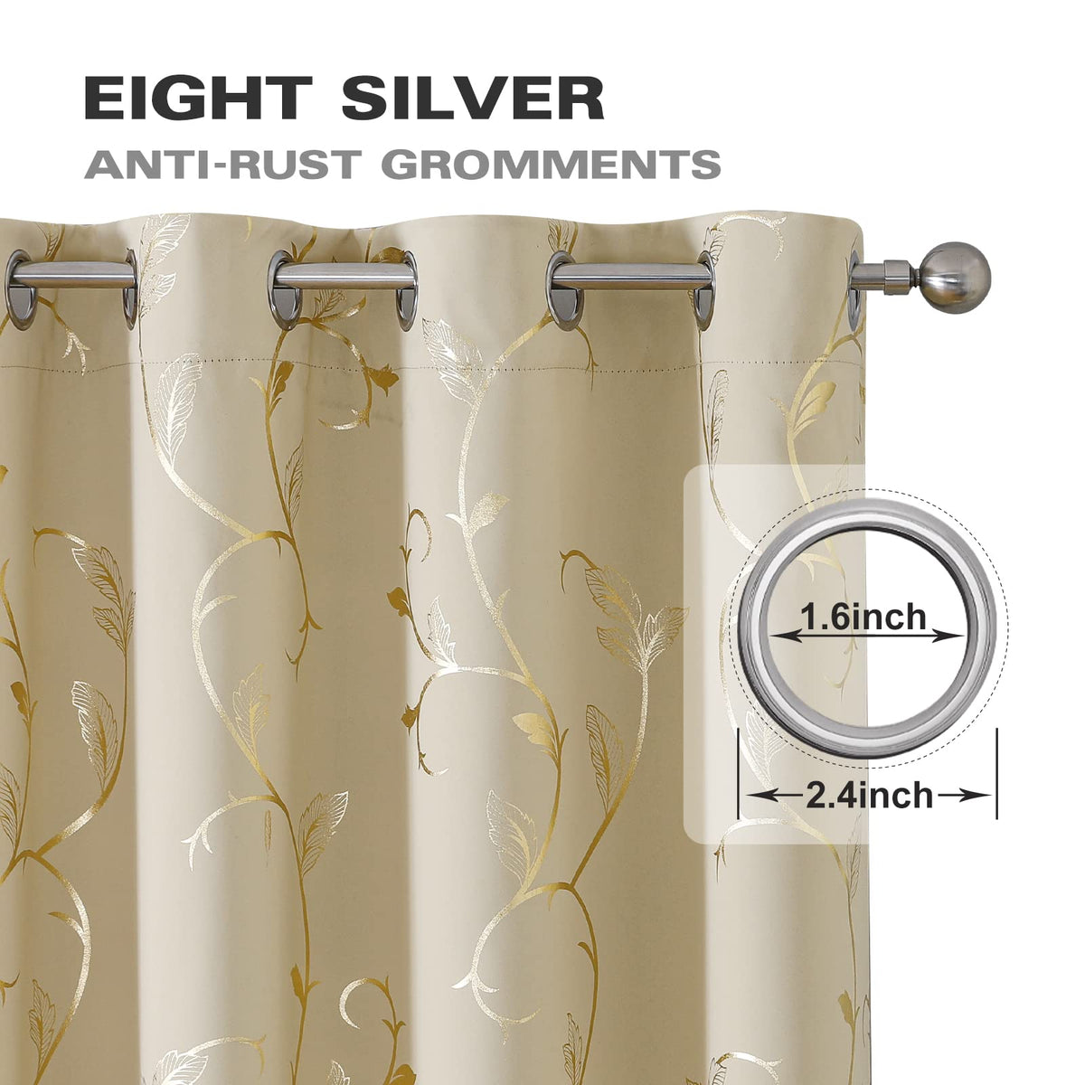BUHUA Blackout Curtains Gold Foil Print Flower Vine Grommet Drapes, Room Darkening Thermal Insulated Curtains, Noise Reducing Blackout Curtain for Bedroom, Beige, 52Wx63L, 2 Panels