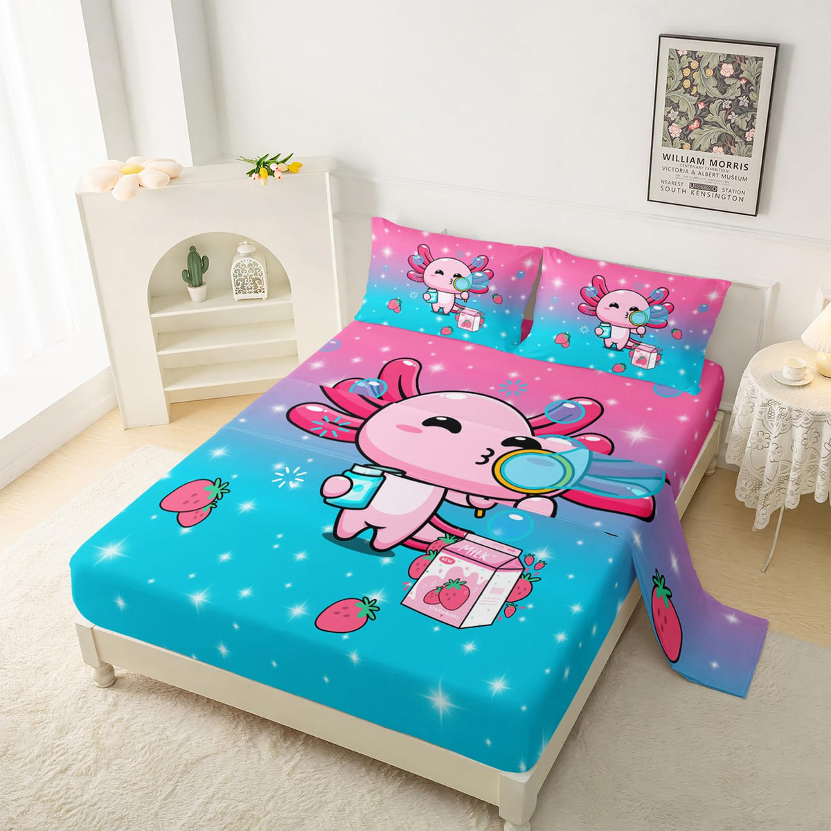 QOOMO Kawaii Axolotl Sheet Set,Pink Salamander Kids Bed Sheets,Strawberry 16" Deep Pocket Bed Sheet Set for Boys/Girls/Kids/Teens，1 Fitted Sheet,1 Flat Sheet and 2 Pillowcases，Twin Size