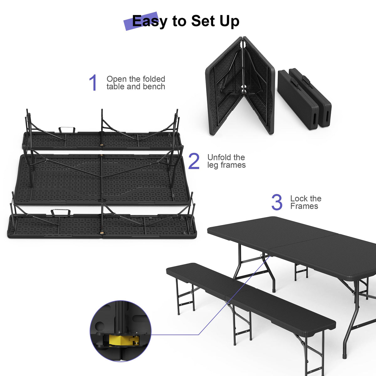 VSOAEIL 6 Foot Folding Picnic Table Set with 2 Benches, Camping Table Chair Set, HDPE Rattan Pattern Top, 3-Piece Portable Indoor Outdoor Furniture with Safety Locks & Handle for Party Camping, Black