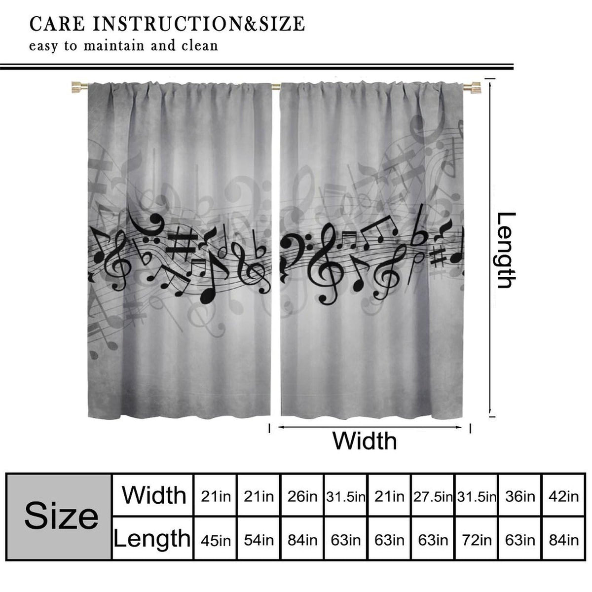 Djaby Music Notes Curtain, Musical Notes Rhythm of The Song Curtain Black and White Singing Clef Ornamental Window Treatments for Bedroom Living Room Home 42" W X 45" L(No Blackout)