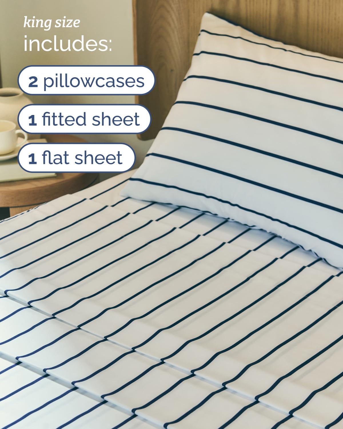 Striped Sheets - Navy Blue & White Striped Sheets - 1 Flat & 1 Fitted & 2 Pillowcases w/ Deep Pockets – Wrinkle & Fade Free - Soft, Breathable & Cooling – Luxury Pinstripe Bedding - King Size Bed Set