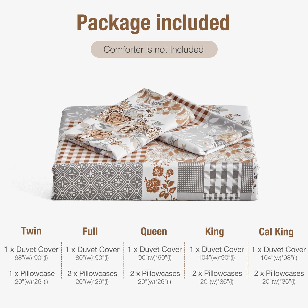 Lekesky King Size Duvet Cover Set, Patchwork Floral 3 Pieces Reversible Grey Duvet Cover Set, Ultra-Soft Microfiber 3 Pieces Comforter Cover with Zipper and Corner Ties, Includes 2 Pillowcases