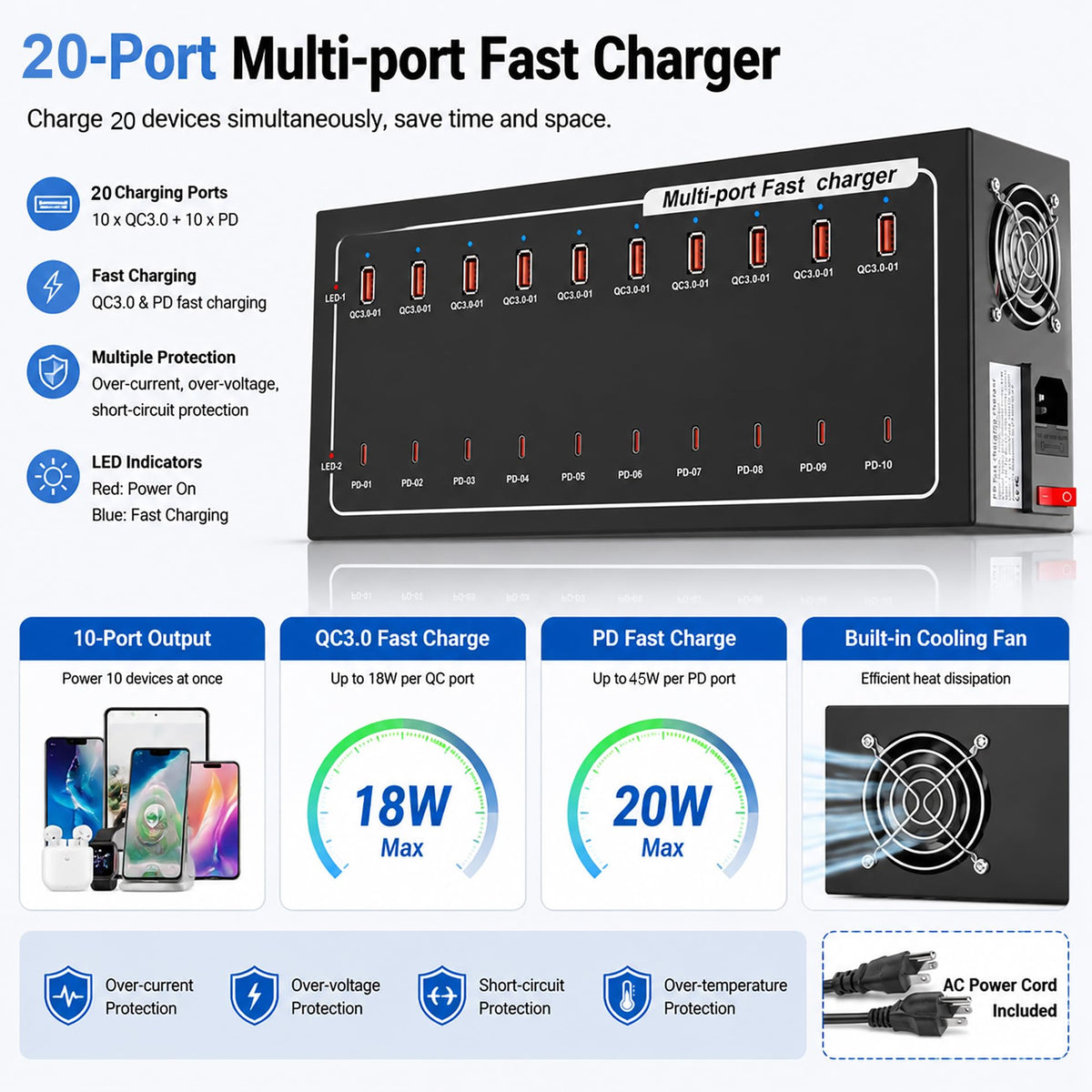 20-Port Fast Charging Station 400W, USB C and USB A Charger Dock with Smart Power Distribution Technology，for Multiple Devices, PD/QC Fast Charging Support