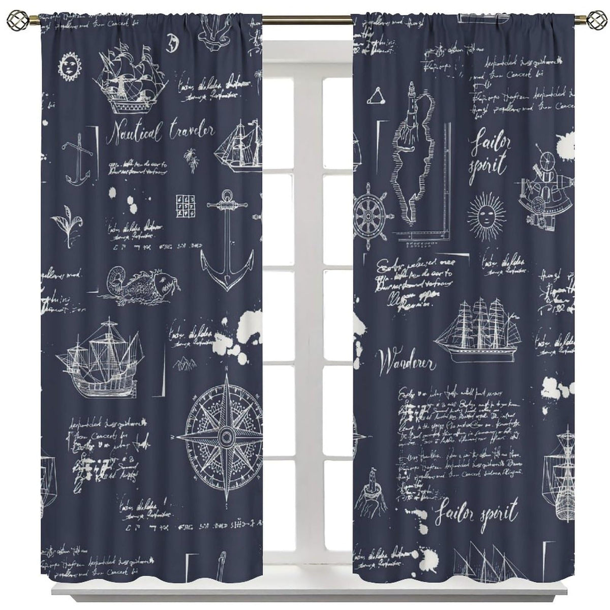 Nautical Sailboat Curtains, Rustic Hand Painted Compass Anchor Window Drapes, for Living Room Bedroom 42" W X 45" L (Decorative)