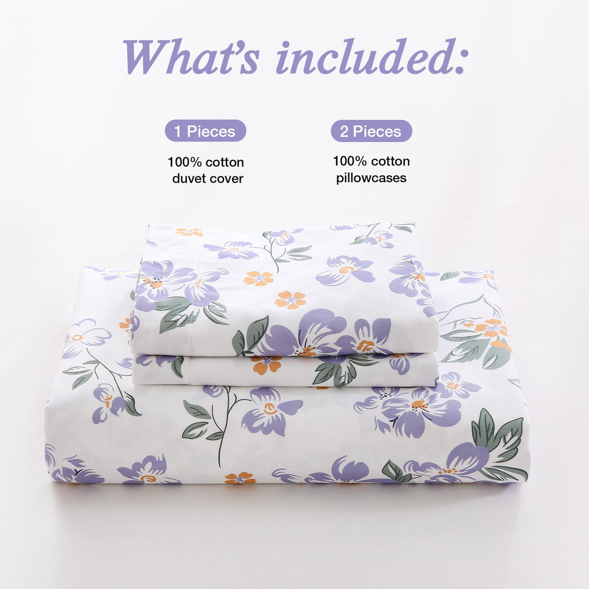 Ocharo Purple Floral 100% Cotton Duvet Cover King Size,Reversible Modern Orange Floral Bedding Set Cotton with Zipper Closure,Soft 3 Pieces Chic Abstract Flowers Comforter Cover with 2 Pillow Shams