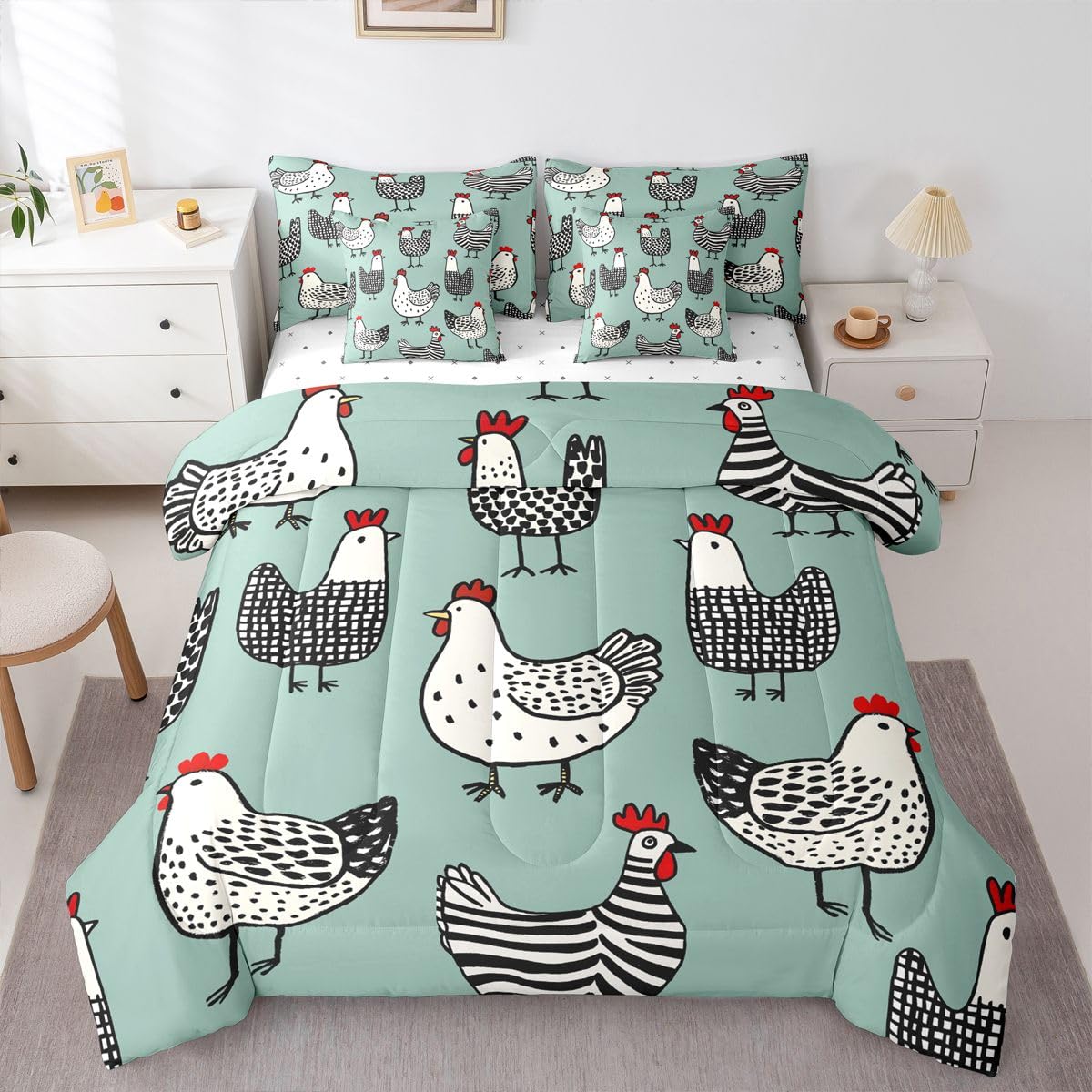 Erosebridal Chicken 7 Pcs Bedding Set Full Cartoon Chick Comforter Set with Sheets Cute Farmhouse Animal Bed in A Bag Teal Black Bedroom Decor
