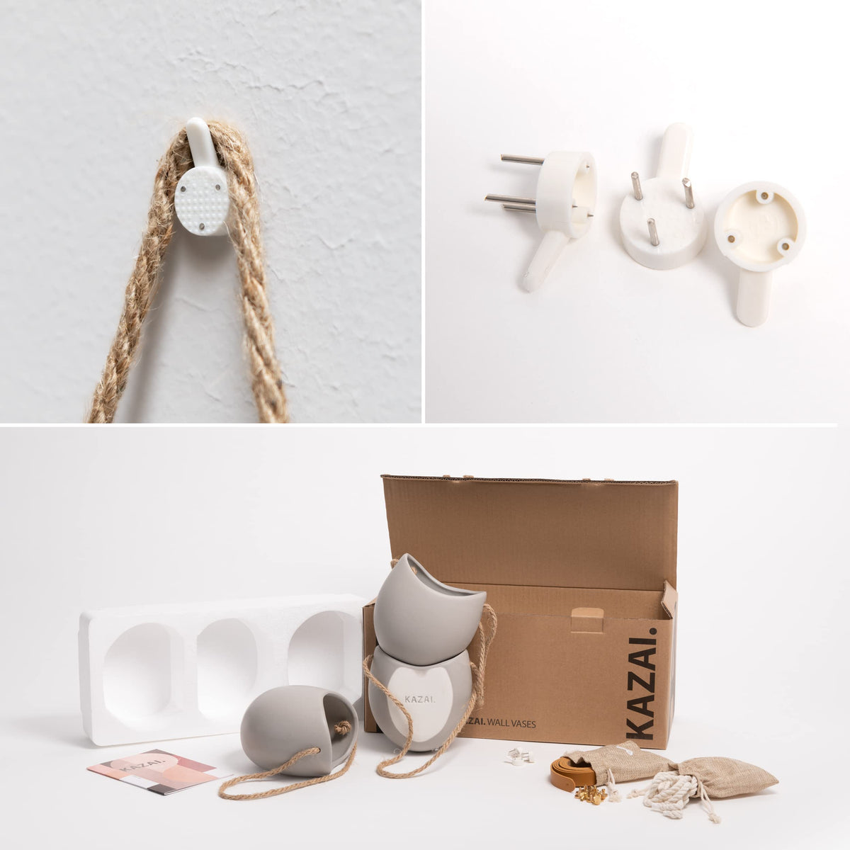 Kazai. Wall Planters -Ellie- | Hanging Ceramic Plant Pots 3 Pieces | Wall Decoration for Indoors, Balcony and Garden | Light Grey (Matte)