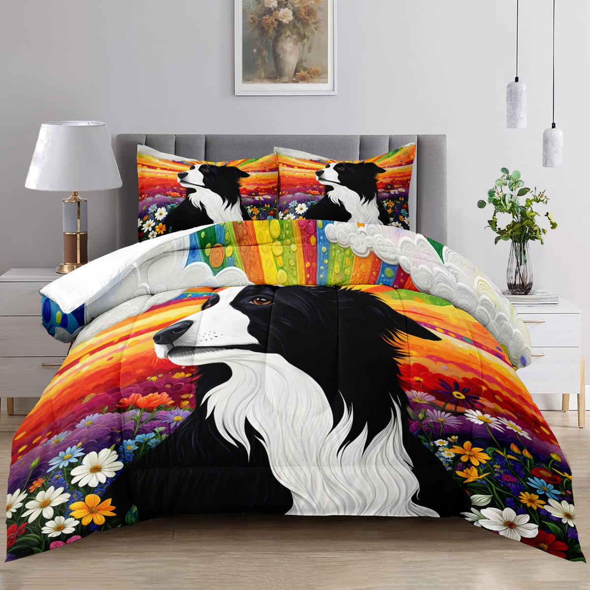Raphus cucullatus Dog Print Comforter Set,Puppy Quilt Animal Print Bedroom Decor,Dog Bedding Puppy Comforter Set,Animal Print Twin Size Rainbow Bedding Flower Quilt Twin Size