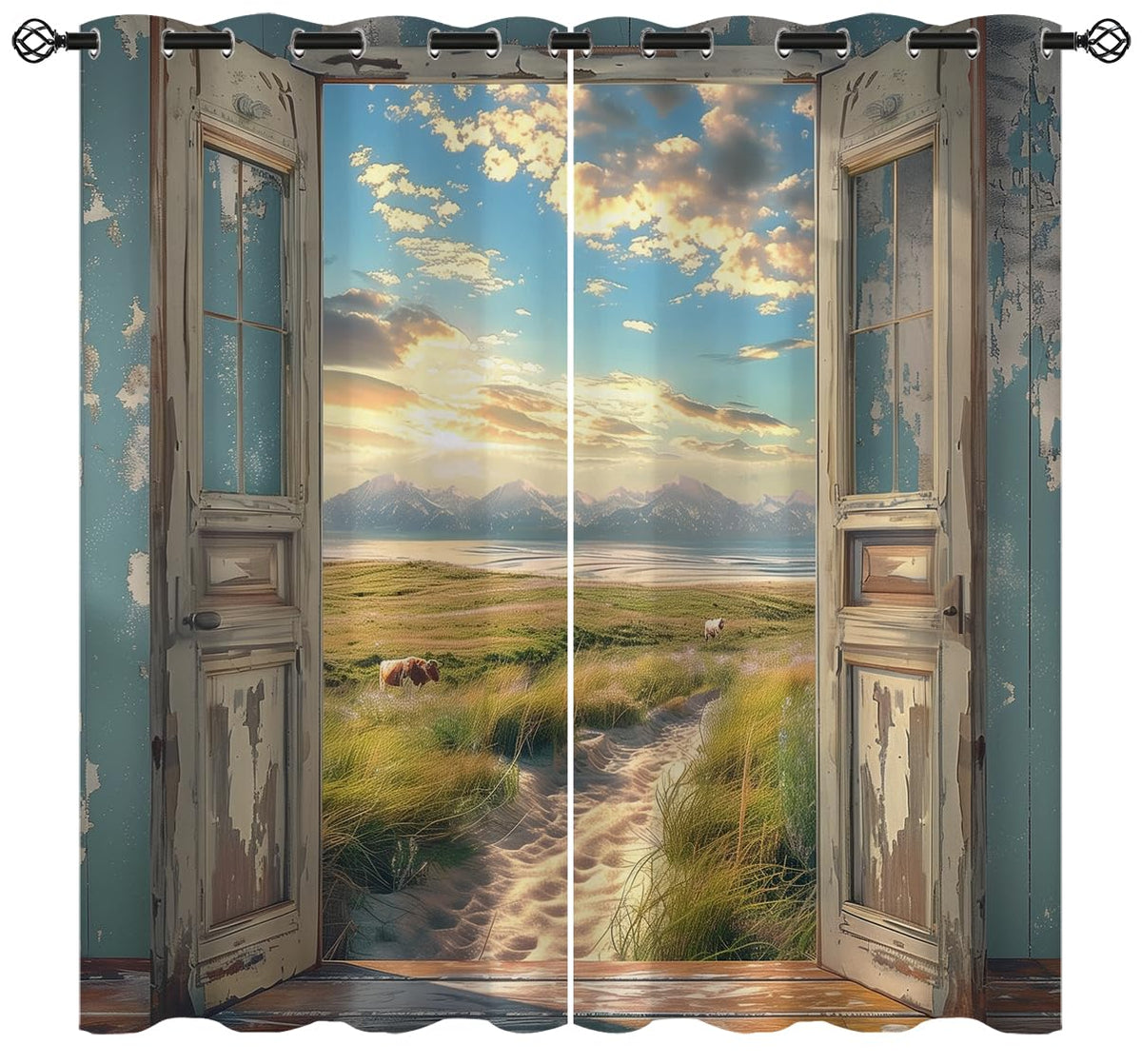 Landscape Blackout Curtains for Girls Boys Home Decor, Cow Sunset Grassland Mountain Natural Scenery Grommet Thermal Insulated Drapes Darkening Window Curtain for Bedroom Living Room, 84 x 84 Inch