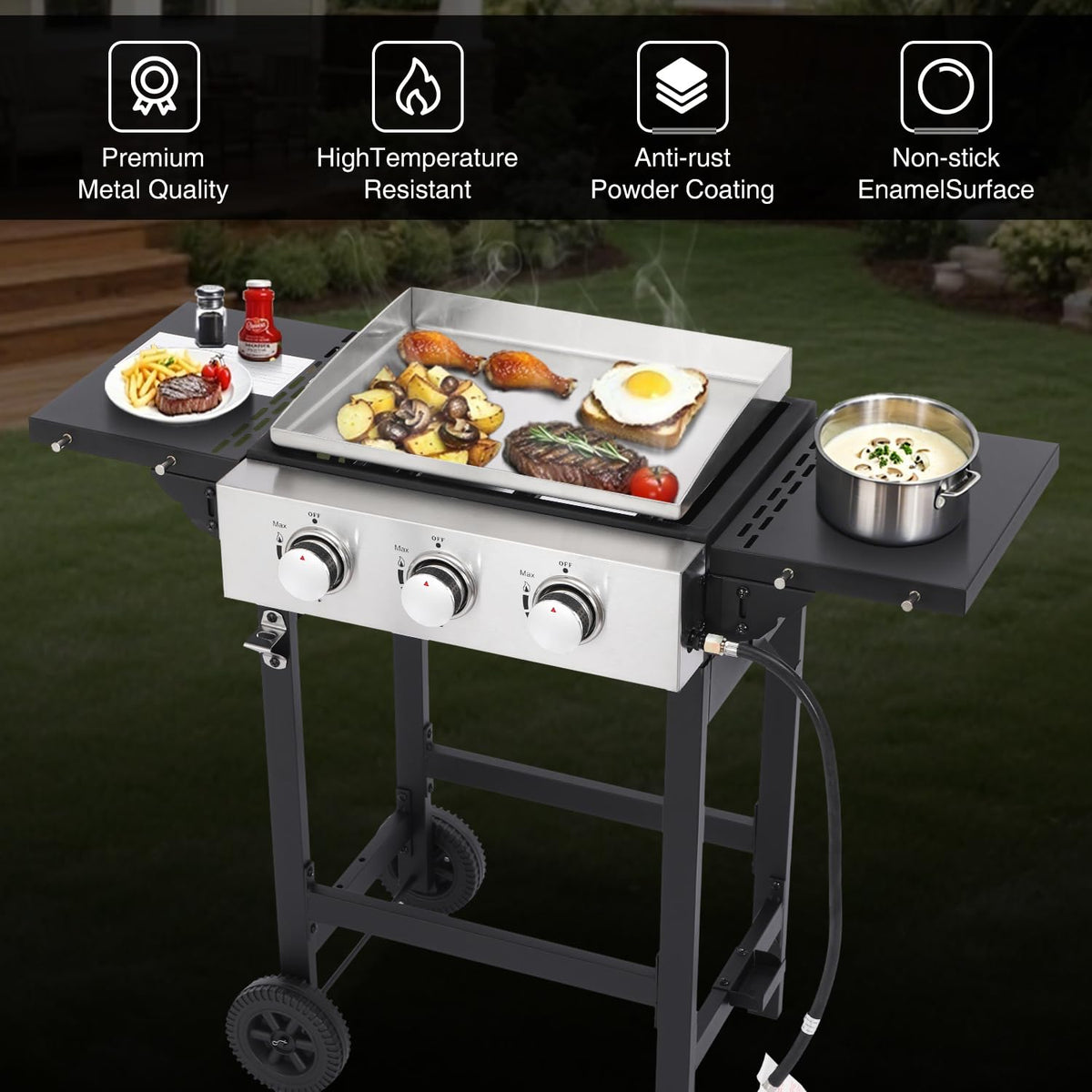 GRILL DEPOTS Gas Grill Griddle Combo with 3 Burners - Propane Grill on Cart - Stainless Steel 30,000 BTU -Camping Grill with 2 Foldable Tables, Cover - Outdoor Cooking Station for BBQ Backyard