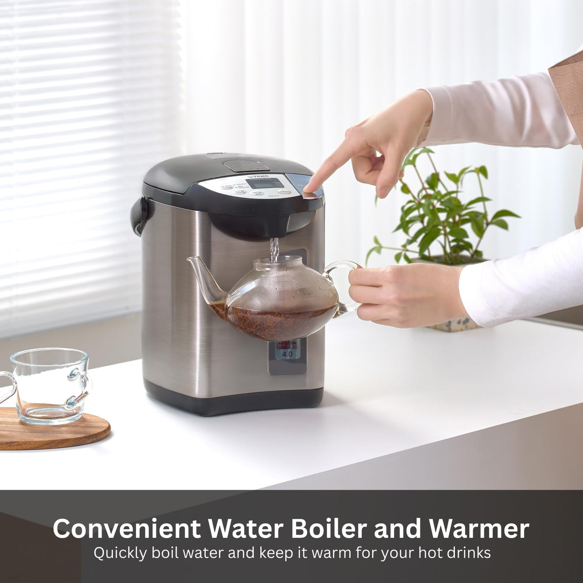 TIGER PDZ-A40U 4.0 Liter Water Boiler and Warmer with 4 Auto-Temp Settings, Stainless Steel Finish