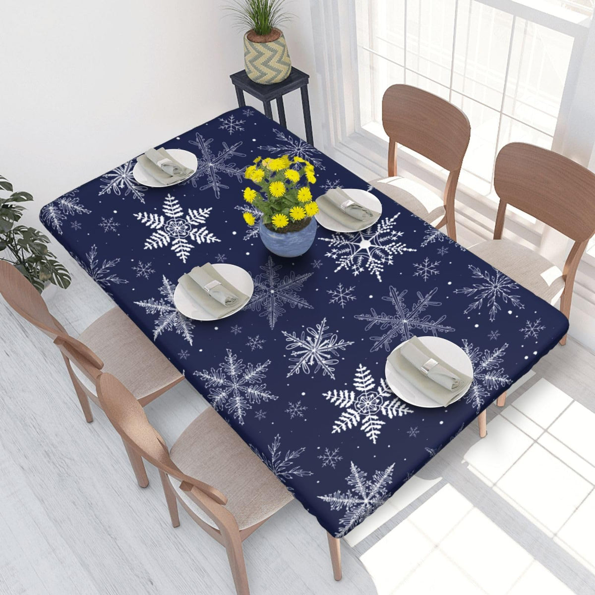 Fiokroo Winter Snowflakes Blue Tablecloth with Elastic Edge for 4ft Rectangle Table, Table Cloth Christmas Washable Table Cover for Kitchen Dining Party Outdoor Picnic Decoration, 48" L X 30" W
