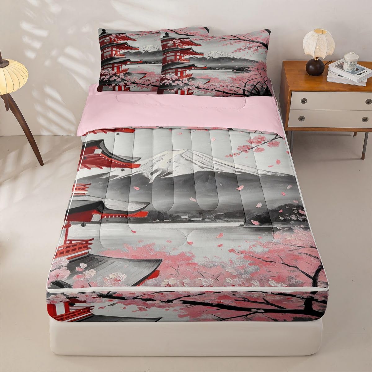 Erosebridal Japanese Cherry Blossom Kids Bedding Set Full Pavilions Mount Fuji Zipper Comforter Set for Boys Girls Teen Pink Sakura Floral Zip Up Bedding Oil Painting Bed in a Bag Set