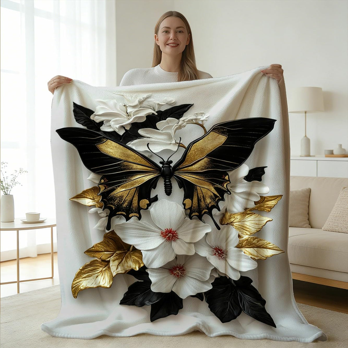 GXYAOYZG Butterfly Throw Blanket Soft Cozy Warm Flannel Throws Black Gold White Floral Decor Lightweight Blankets for Couch Bed Sofa Gifts for Women All Seasons (49" x 59")