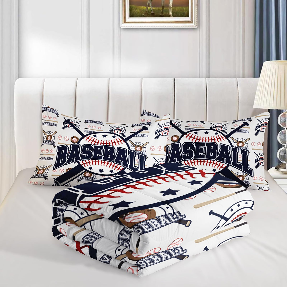 QOOMO 3Pcs Baseball Comforter Set Twin,Sports Bedding Set for Teens Boys Girls,Ball Printed Comforter with 2 Pillowcases,Down Alternative,Soft and Lightweight