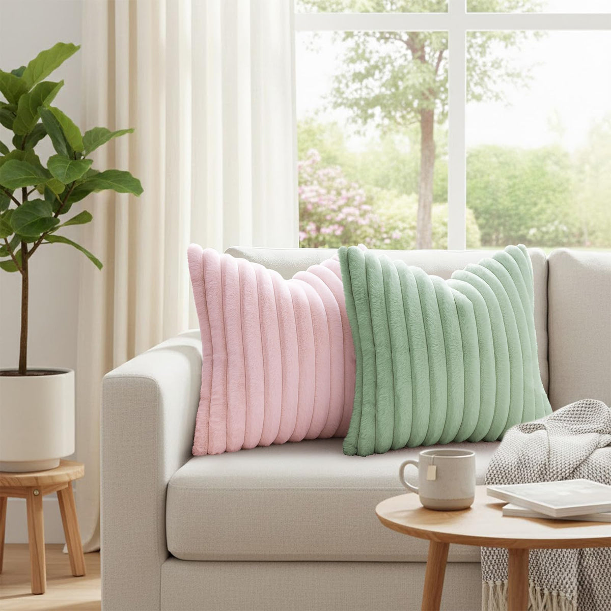 Simmore Faux Fur Couch Throw Pillow Covers 18x18 Set of 2, Decorative Soft Striped Plush Pillow Covers with Velvet Back for Sofa Bed Living Room, Sage Green