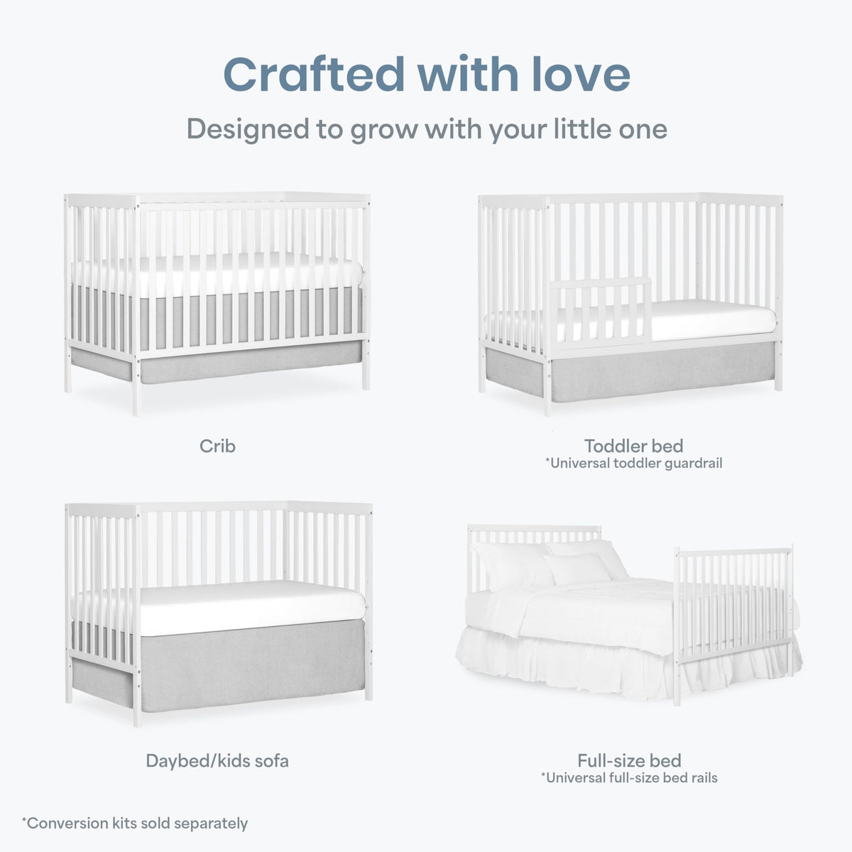 Dream On Me Synergy 5-in-1 Convertible Full-Size Baby Crib with Toddler, Day & Full Bed Conversion in White, GreenGuard Gold & BSA, 3 Mattress Heights, Sustainable Pinewood