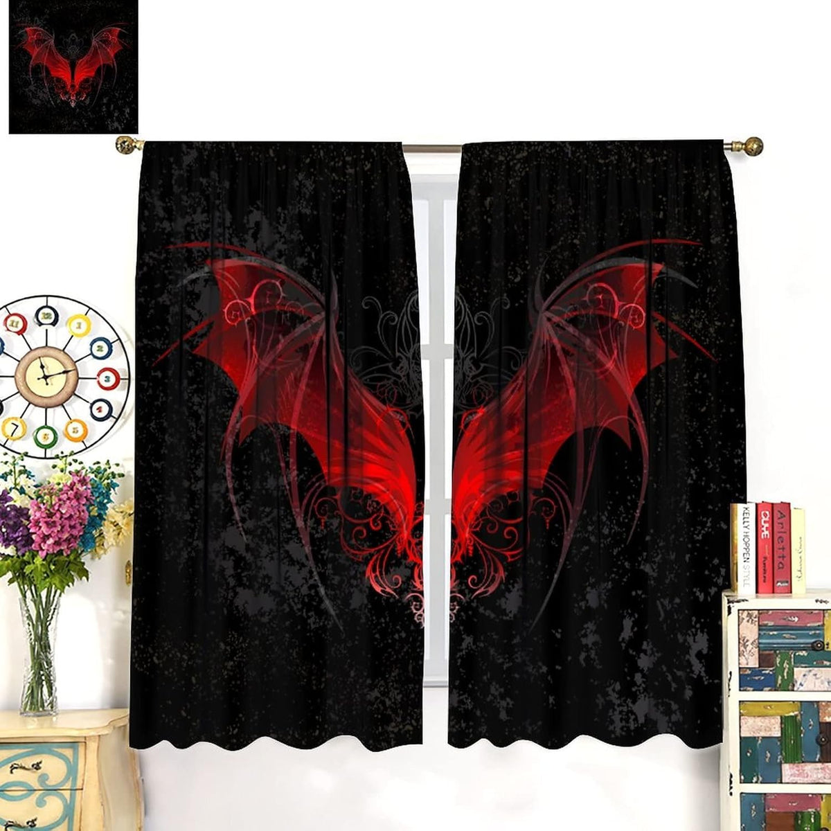 HZOHNAGO Gothic Curtains Red Bat Pattern Blackout Print Rod Pocket Window Drapes for Bedroom Living Room 42x45in