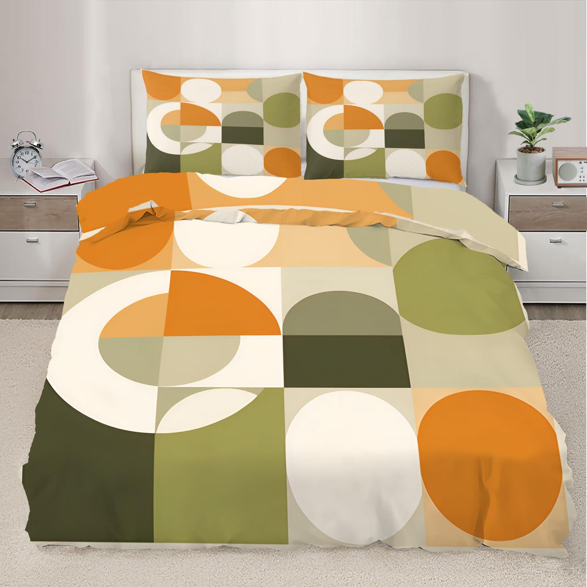 QINYUN Mid Century Modern Duvet Cover Queen Size, Abstract Geometric Bedding Set 3 Piece Bedroom Decor Circle Medieval Comforter Cover and 2 Pillow Sham with Zipper Closure