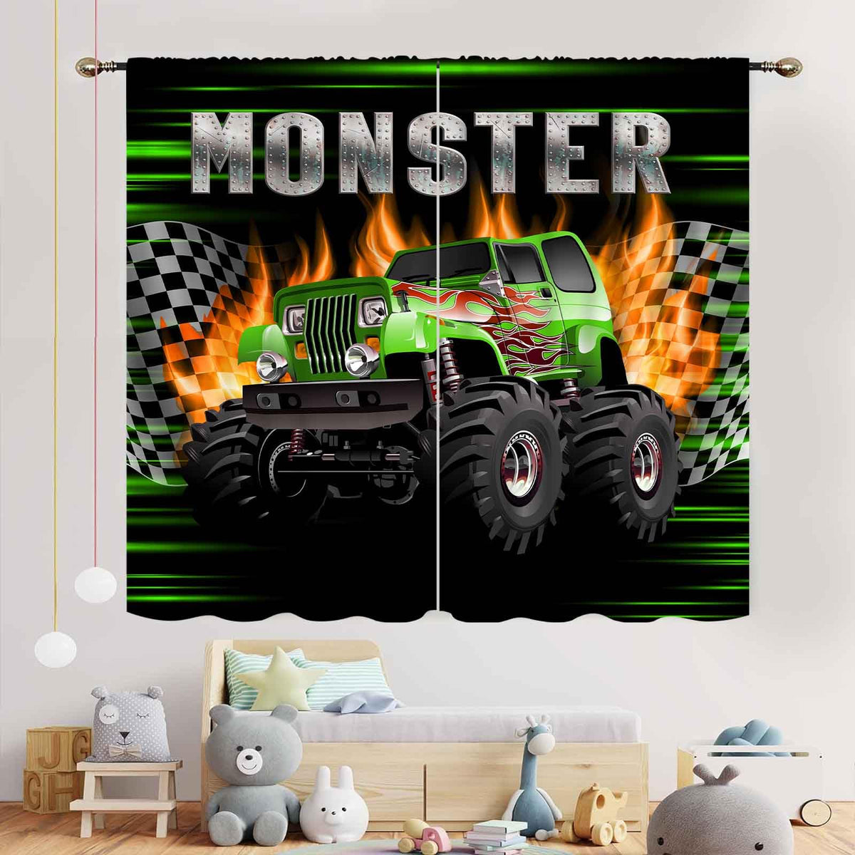 Truck Curtains for Boys Room, Burning Flame Tractor Truck Car Cool Monster Checkered Racing Flag Window Drapery Treatments for Boys Kids Bedroom Living Room Playroom Nursery 2 Panels, 42"x45" Inch