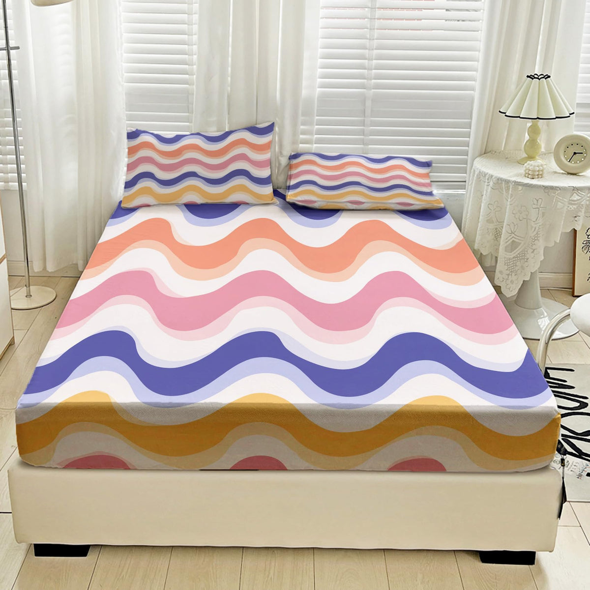 NOGAWA 70s Retro Sheets King, Abstract Waves Bed Sheets, Colorful Bedding Sheets, Soft Microfiber Deep Pocket Fitted Sheet, Flat Sheet, 2 Pillowcases