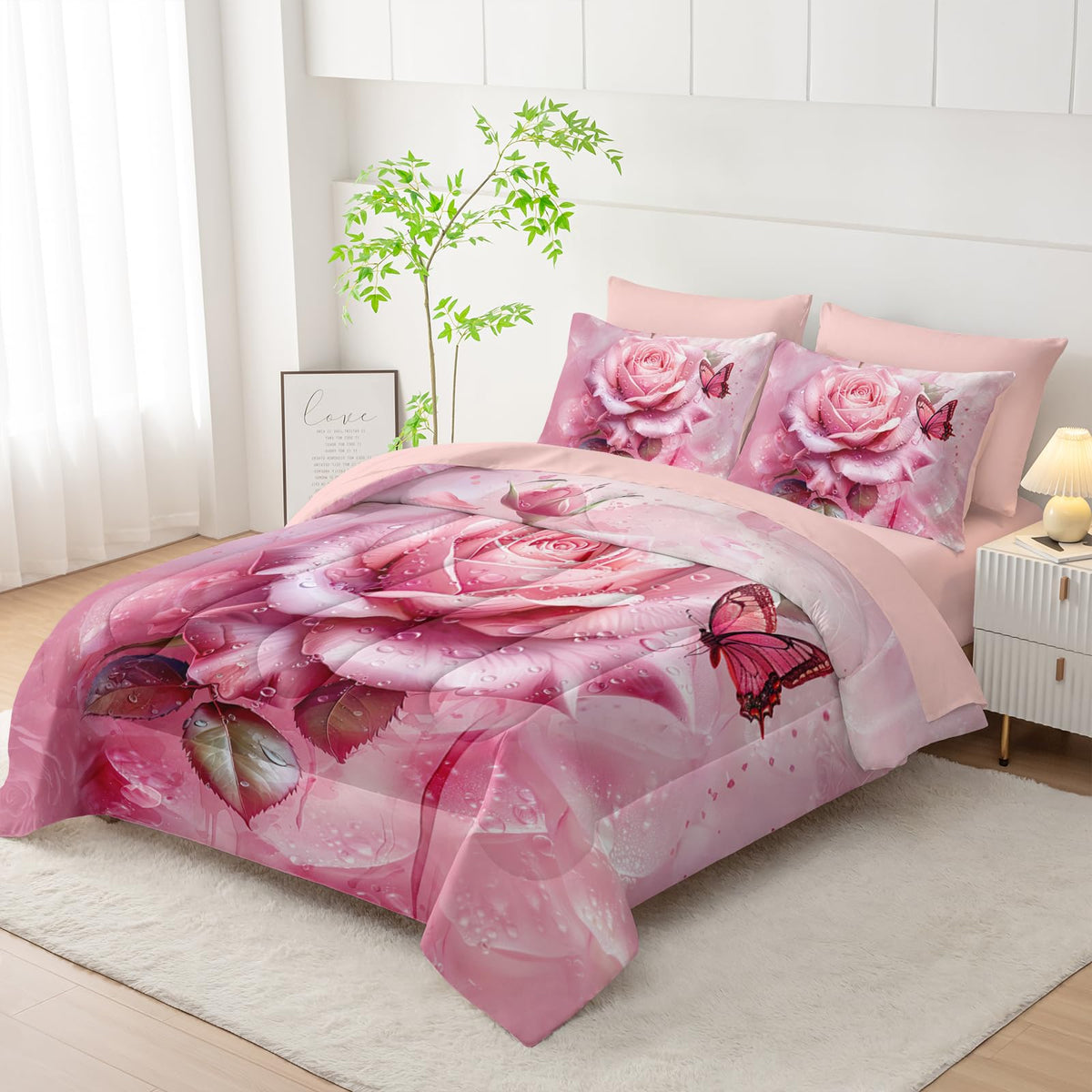 AILONEN 7-Piece Pink Rose Comforter Set Queen Size,Rose Flower Butterfly Bed in a Bag for Girls Women,Modern Romantic Floral Printed Art Pink Comforter + Fitted/Flat Sheet +2 Pillowcases + 2 Shams