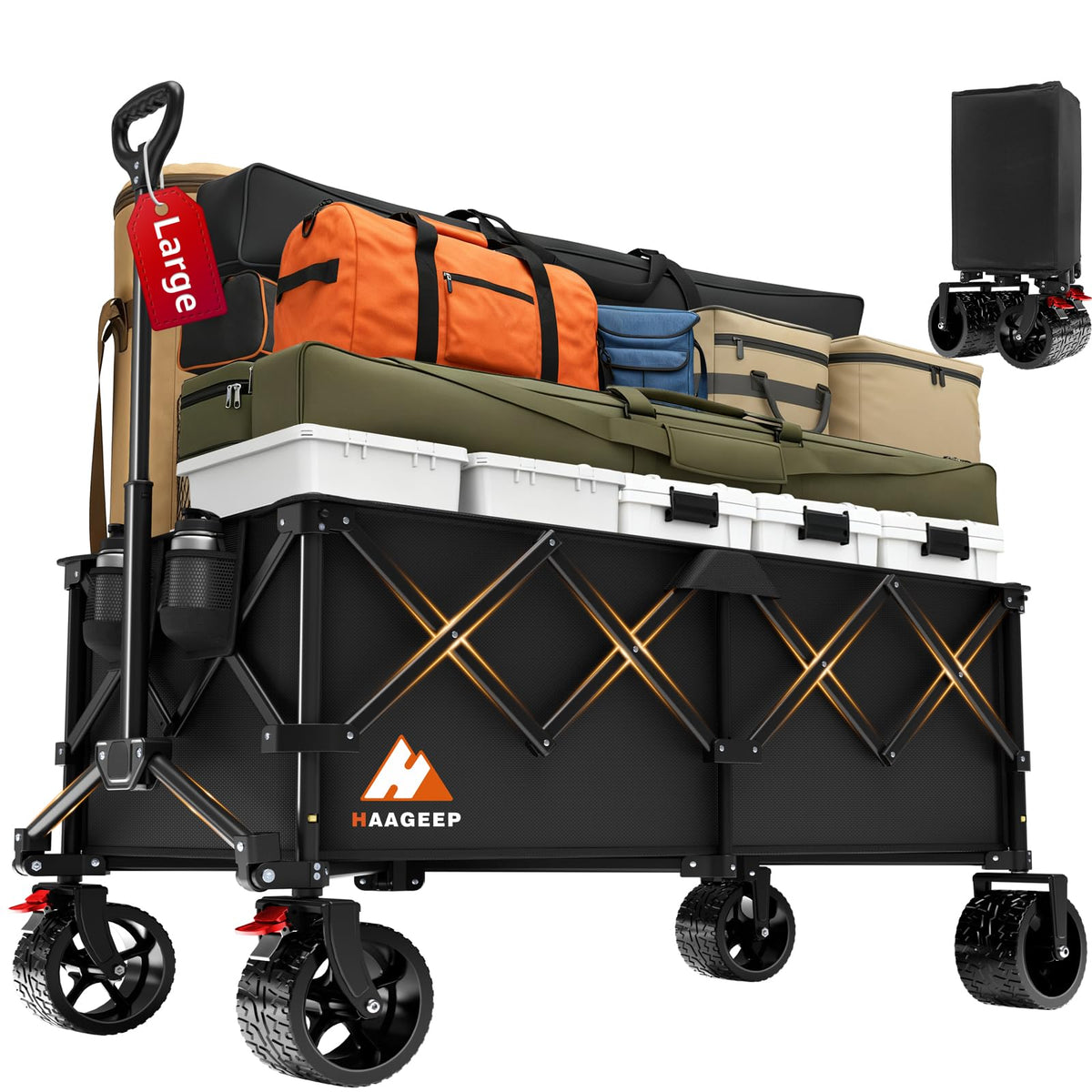 Collapsible Wagon Cart with Wheels Foldable - Folding Utility Heavy Duty Wagons Carts for Grocery Sports Garden Shopping Camping Wheelbarrows (Black,300L)