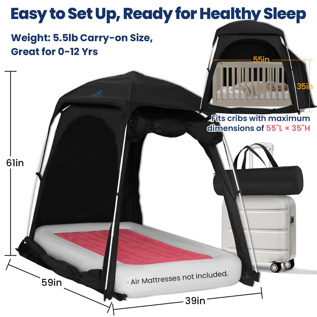 KNOCLOC Blackout Tent for Crib, Pack N Play, Toddler Travel Bed & Kids Cot, CPC Certified Baby Sleep Pod with Fan Pocket, 2 Mesh Doors, Breathable & Quiet Design, Easy Setup & Portable