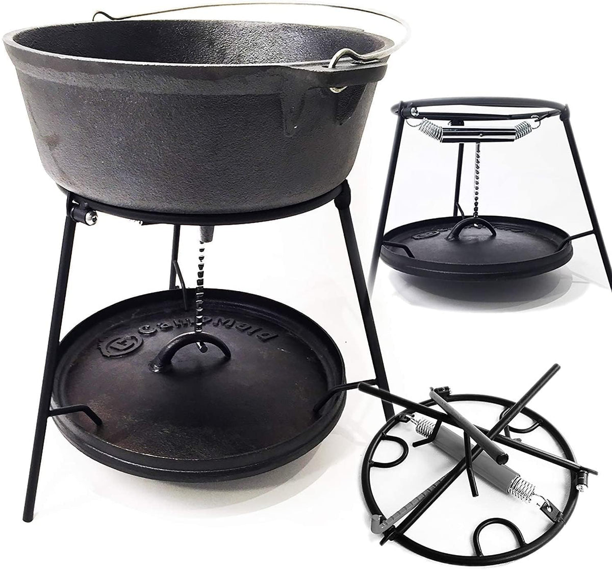 CampMaid Outdoor Cooking Set - Dutch Oven and Tools Set - Charcoal Holder & Cast Iron Grill Accessories - Camping Grill Set - Outdoor Cooking Essentials - Camp Kitchen Equipment - (6 Piece Set)