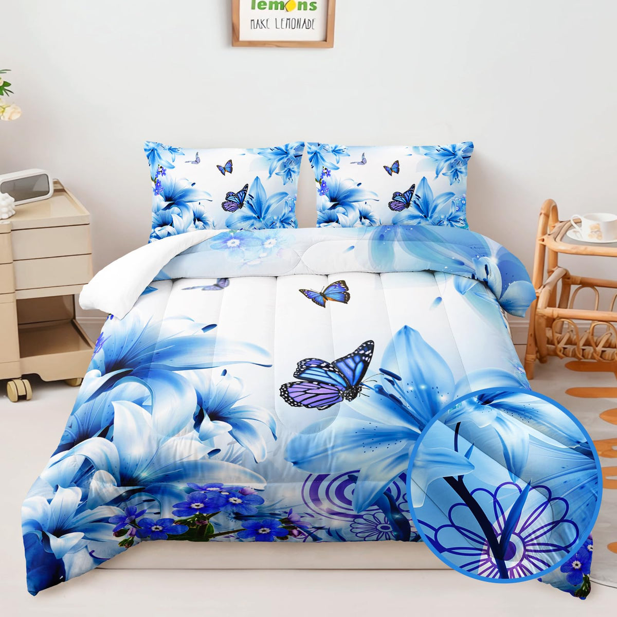 AILONEN Beautiful Butterfly Comforter Set Full Size, Blue Floral Butterfly Bedding Set for Kids Girls Women Room Decor,3Pcs Soft Breathable Duvet and 2 Pillowcases