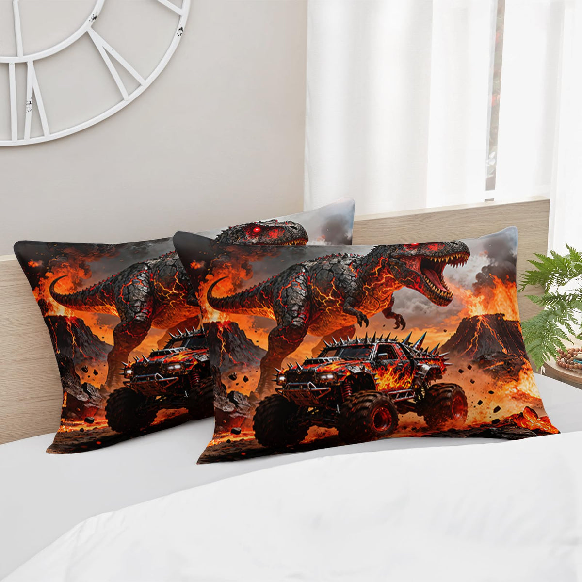 AILONEN Dino Monster Truck Comforter Set Twin 3 Piece - Black Volcano Flame Bedding for Kids Boys - Soft Microfiber with 2 Pillowcases