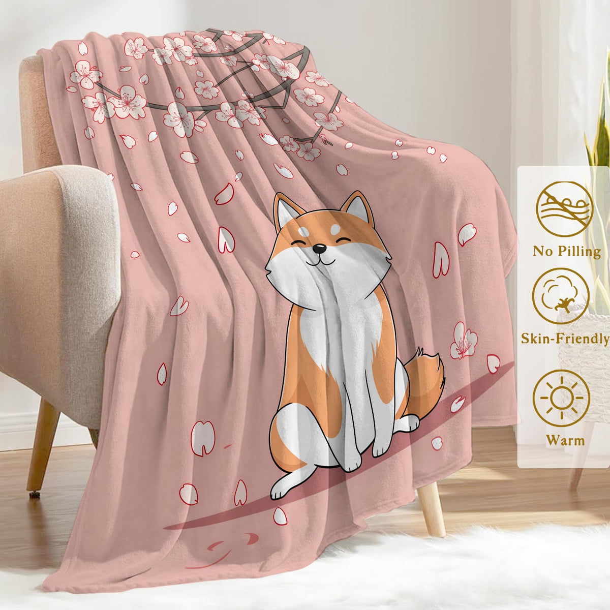 ainori Shiba Inu Flannel Blanket - Lightweight Soft Cozy Gifts Blankets for Dog Lovers, Kids, Women, Cute Pink Cherry Blossom Art Japanese Puppy Style Throw,Elegant Home Room Modern Decor 50x60in