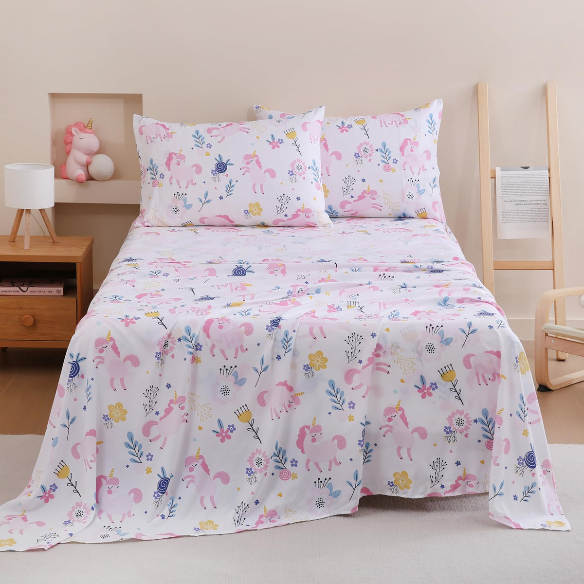 Yibeizi Unicorn Sheet Set for Girls Full, Kids Boho Floral Print Bedsheets Microfiber Deep Pocket Cute Patterned Bed Sheet & Pillowcase Sets 4 Pieces