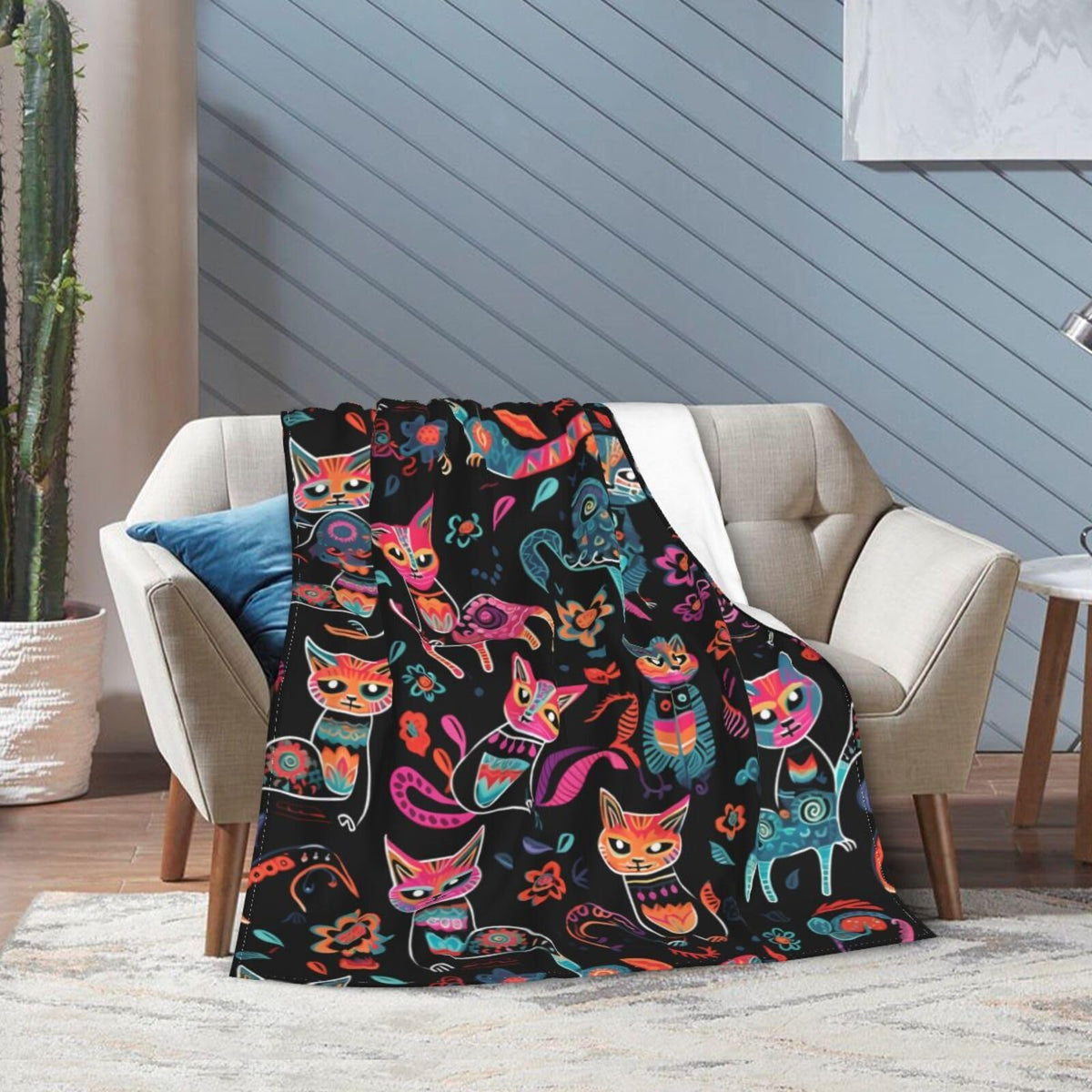 Ouqiuwa Dead Cats Floral Throw Blanket Sugar Skull Flowers Plush Microfiber Flannel Fleece Blanket 50"x40" for Bed Sofa Couch Camping Travel
