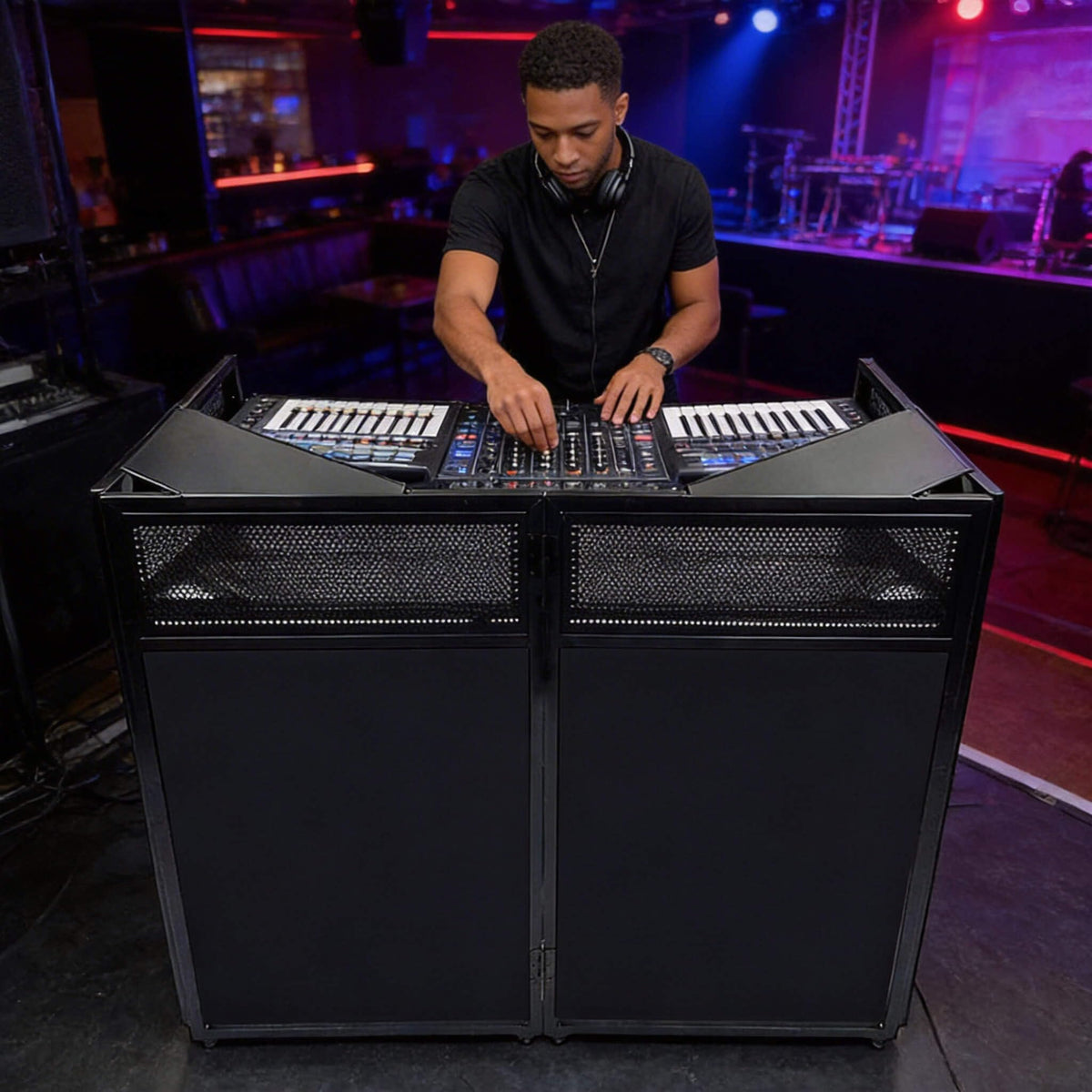 2026 Upgraded DJ Booth Stand Portable – 45"L x 25"W Foldable DJ Facade Booth with Dual Corner Panels, Wheels, Mobile DJ Controller Stand with Scrim & Carry Bag for Weddings, Parties & Events