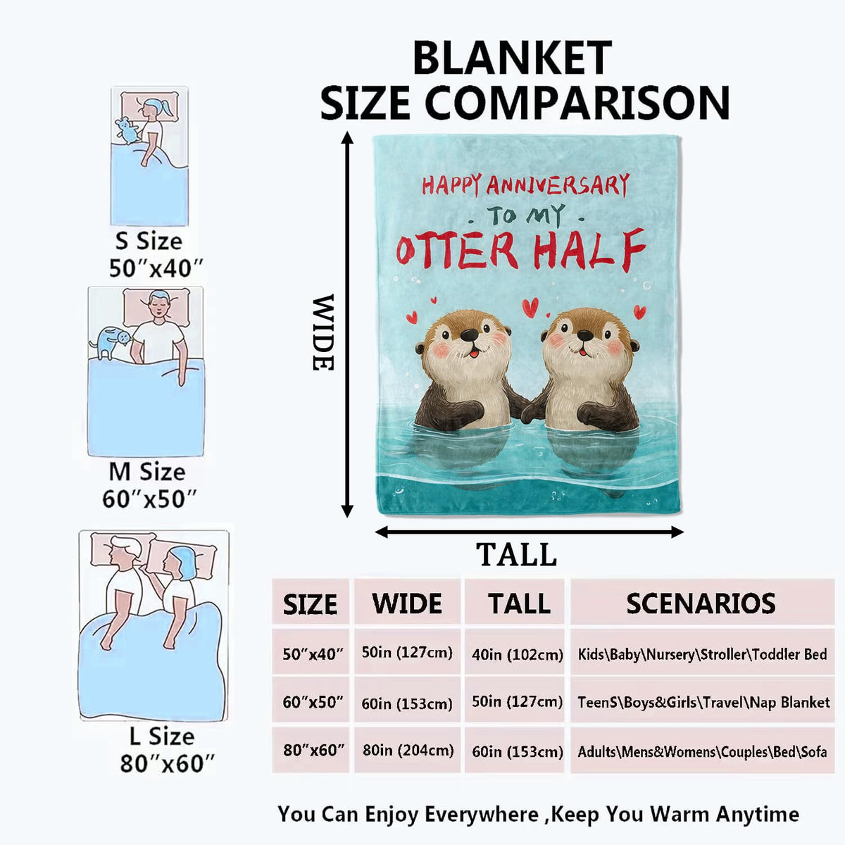 Mniedc Otter Couple Anniversary Blanket, Cute Animal Love Flannel Throw Blankets, 50"x60", Soft Warm Lightweight Fuzzy Cozy Throws for Couch Bed Sofa Decorative Gifts for Valentine Wife Husband, Blue