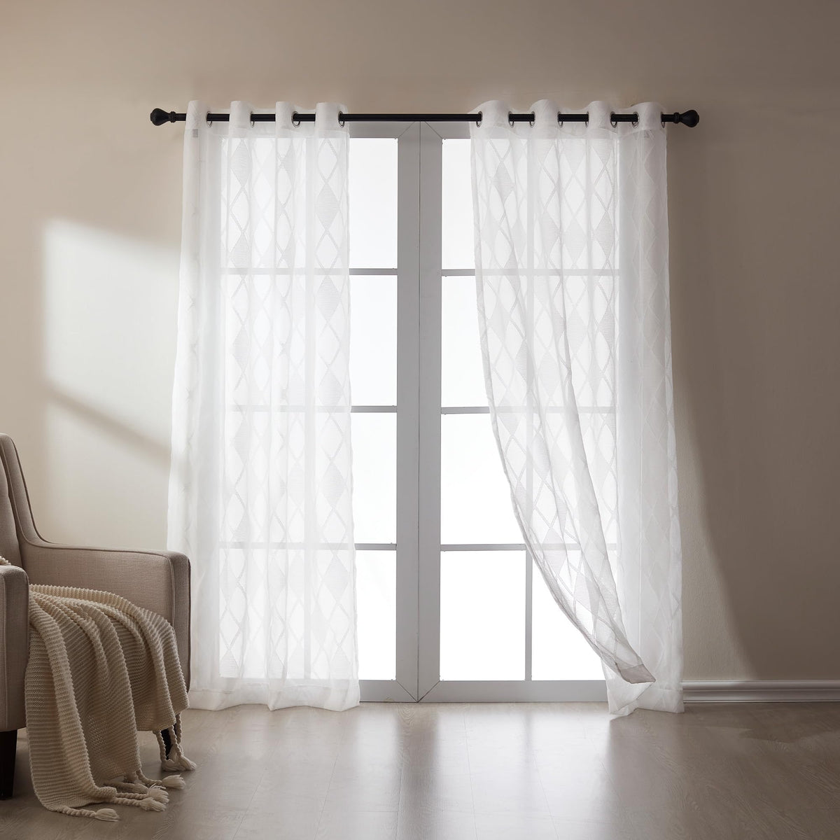 SLEEP ZONE Sheer Curtain 84 inches Long of 2 Panels for Living Room and Bedroom, White Sheer Curtain Cutwork Embroidered Sheer Curtains, 42" W × 84" L, White Lattice